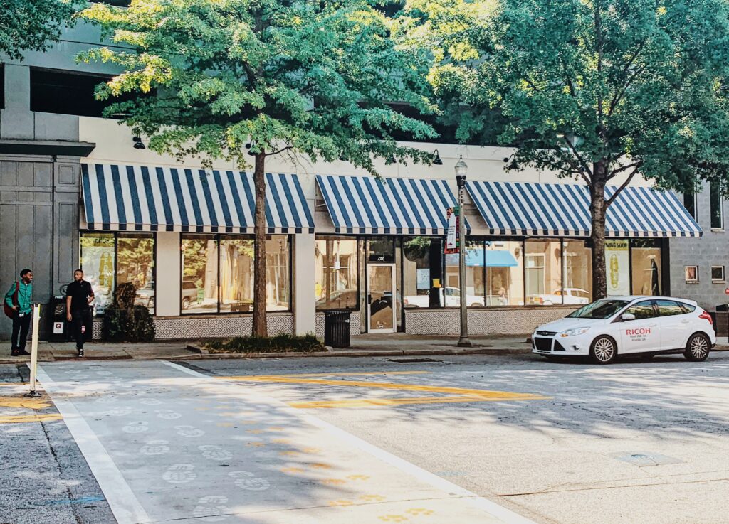 blue and white striped awnings