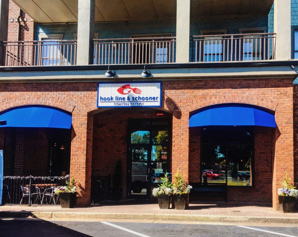 blue awnings for a business