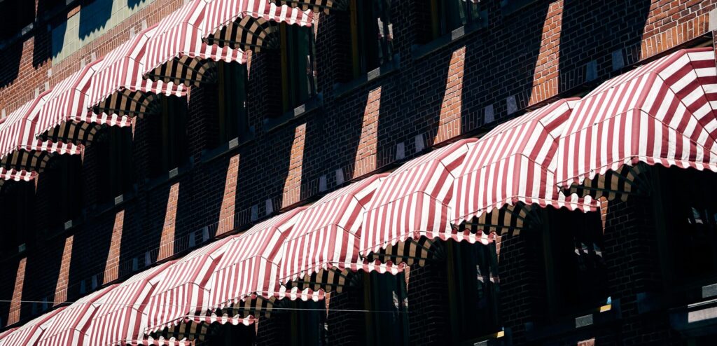 red and white striped awnings